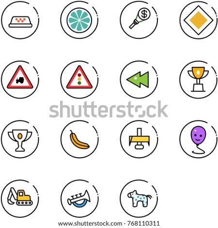 line vector icon set - taxi vector, lemon slice, money torch, main road sign, tractor way, traffic light, fast backward, win cup, gold, banana, milling cutter, balloon smile, excavator toy, horn