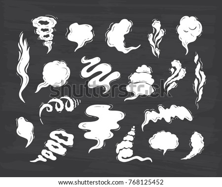 Steam clouds silhouette Vector Set. Hand drawn Doodle Smoke, Clouds, Fog or Steam. Chalk Board background. Black and white illustration