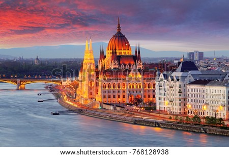 Hungarian parliament, Budapest at sunset Royalty-Free Stock Photo #768128938