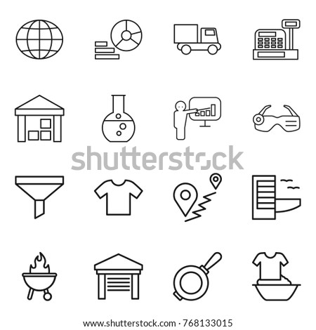 Thin line icon set : globe, diagram, truck, cashbox, warehouse, round flask, presentation, smart glasses, funnel, t shirt, route, hotel, bbq, garage, pan, handle washing