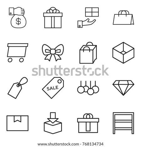Thin line icon set : money gift, shopping bag, delivery, bow, box, label, sale, diamond, package, hi quality, rack