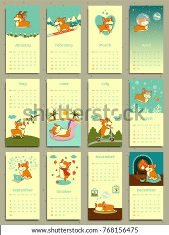 Calendar 2018. Cute monthly calendar with welsh corgi.