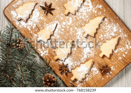 Gingerbread cookies in Christmas tree shape on wooden board sprinkled with powdered sugar with star anise and natural fir tree branches with cones. Top view