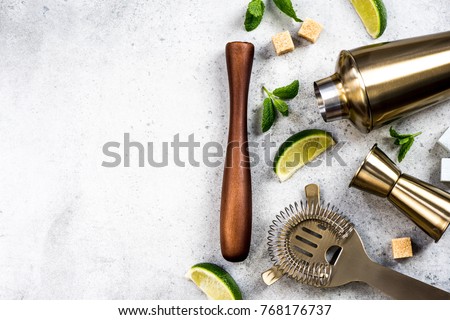 Ingredients for making drinks and cocktails. Bartender tools Royalty-Free Stock Photo #768176737