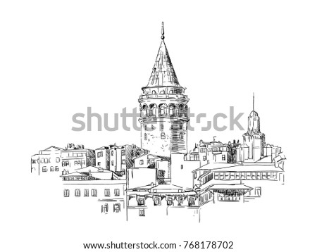 Galata Tower, Istanbul, sketch, drawing Royalty-Free Stock Photo #768178702