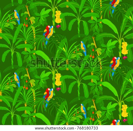Jungle seamless pattern with macaw  parrots and palms on green background.