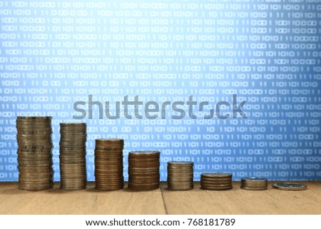 coin pile in chart shape. blue binary digital economy