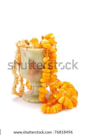 Stone (Onyx) Goblet with Amber Beads Isolated on White Background