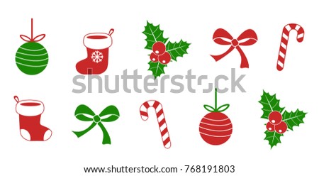 christmas symbol collection set of holly berry lolipop candy christmas ball santa claus socks bow ribbon  red and green color isolated on white cute simple flat vector illustration