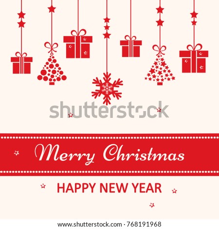 Christmas greeting card. Red Christmas toys hanging. Vector illustration
