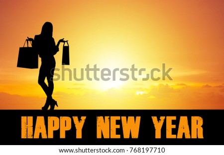 Happy New Year 2018 the young woman holding shopping bags inSilhouette sunset backgrounds,a happy new year 2018 sunset effect