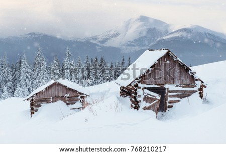 Cabin in the mountains in winter. Mysterious fog. In anticipation of holidays. Carpathians. Ukraine, Europe. Happy New Year.