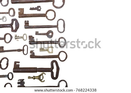 Retro iron door keys isolated on white background with text space