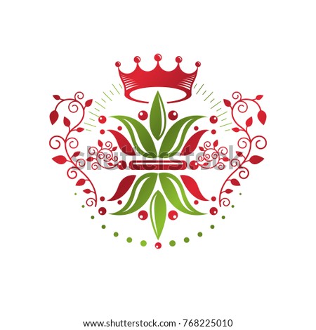 Heraldic coat of arms decorative emblem with lily flower and royal crown, eco product. Isolated vector illustration, Fleur-De-Lis.