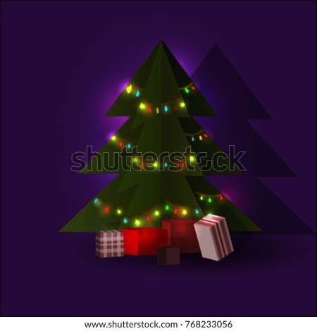 Christmas tree with lights and gifts vector card