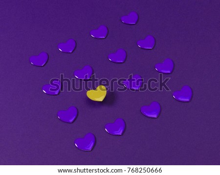 Purple and Yellow color mock-up layout of stationery, a template for brand identification on a blue background. For presentations and portfolio of graphic designers. heart icons