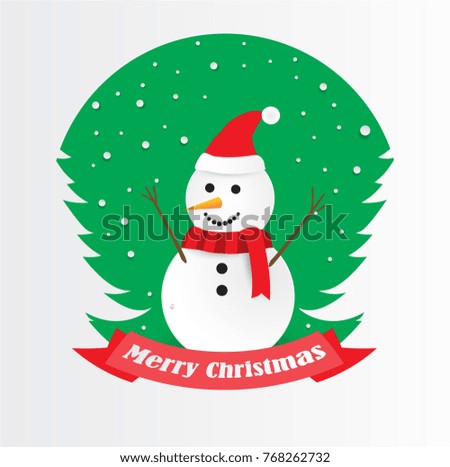 Merry Christmas and Happy New Year. paper art and craft style, 
 tree, snowman