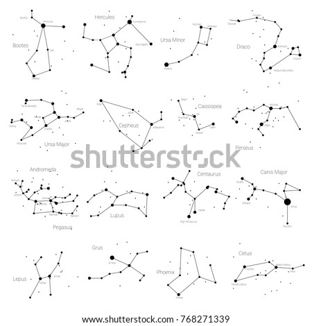 Set of vector constellations of the northern and southern hemispheres - Ursa Minor and Major, Pegasus, Cassiopea and others. All main constellation with names of stars and constellations. Sky map Royalty-Free Stock Photo #768271339