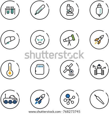 line vector icon set - vial vector, thermometer, lab, drop counter, liver, virus, telescope, rocket, micro flash card, satellite, robot, moon rover, molecule, forceps