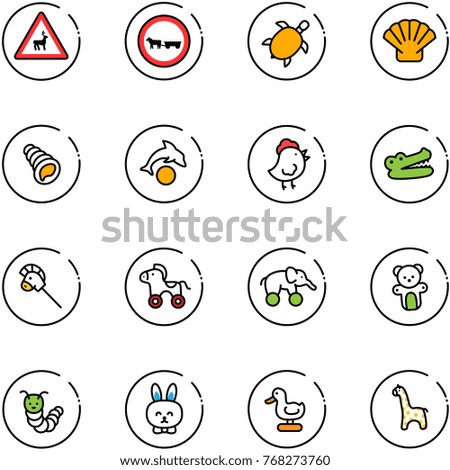 line vector icon set - wild animals vector road sign, no cart horse, sea turtle, shell, dolphin, chicken toy, crocodile, stick, wheel, elephant, bear, caterpillar, rabbit, duck, giraffe