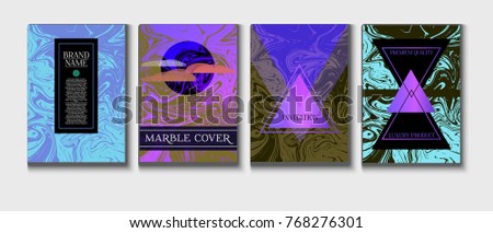 Cool Marble Covers Set. Funky Elegant Suminagashi Painting Background. Trendy Book Cover, Faded Old Newspaper.  Amazing Liquid Japanese Ink Marble Covers Set.  Noble Rich Glamour Design.