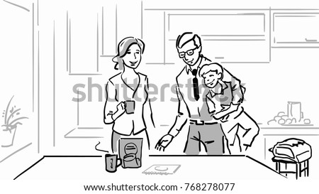 Happy family in the kitchen. Mother, father and son. Black and white vector sketch. Simple drawing.