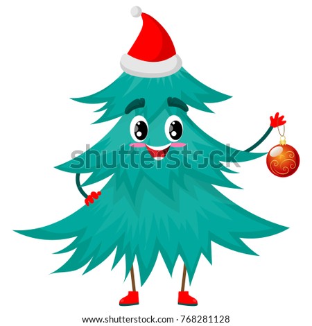 Fir Tree Character with Christmas Ball, Merry Xmas and Happy New Year, Cartoon Personage Hand Drawn Vector Illustration EPS10