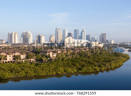 Calm morning view of residential Harbour Island with Tampa downtown in a background (Florida).