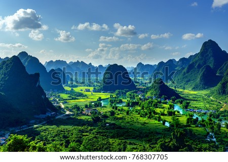 Royalty high quality free stock image aerial view of beautiful landscape with rice field and mountain in Trung Khanh, Cao Bang province, Vietnam