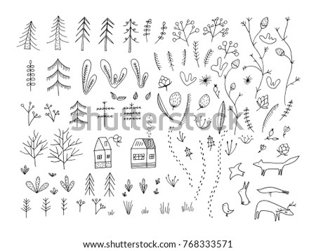 Forest doodle elements. Hand drawn cute illustrations. Floral, woodland, animals.