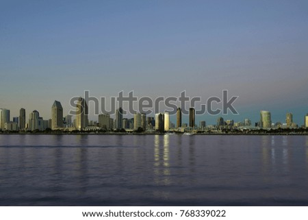 San Diego skyline during sunset and the golden hour                               