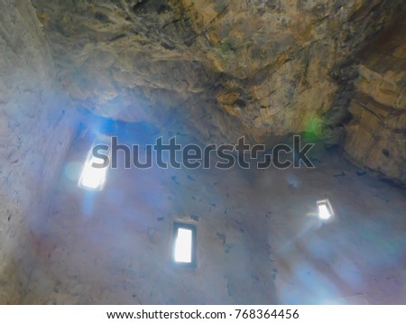 The light entering through the windows of the anchoress, cave, isposnice Svetog Save, Studenica