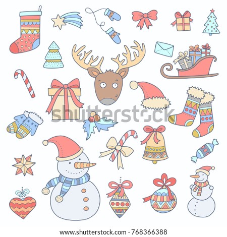 Lovely vector set of the christmas and new year icons. Cute illustration. Hand drawn.