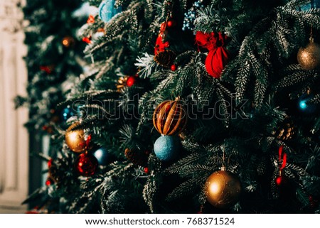 Christmas background:Christmas tree decorated with toys