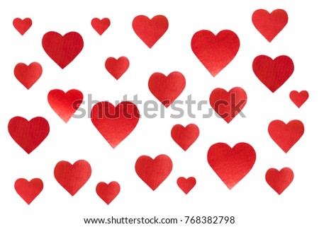 Valentine's day card. 
Paper red hearts isolated on white background.