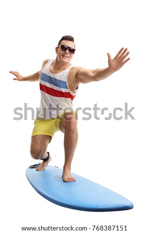 Young man surfing isolated on white background