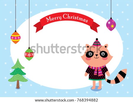 cute raccoon merry christmas greeting card vector