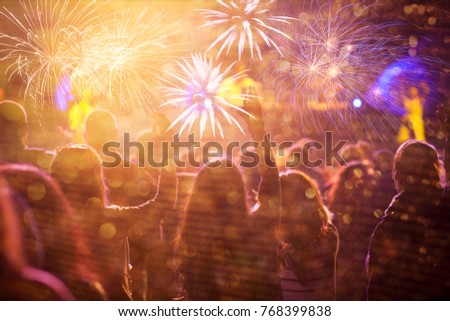 Cheering crowd watching fireworks at New Year