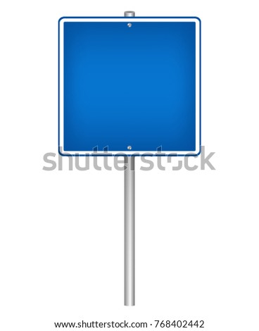 Blank blue square sign on a pole, vector