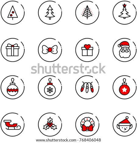 line vector icon set - christmas tree vector, gift, bow, santa claus, ball, garland, sleigh, holly, wreath, elf