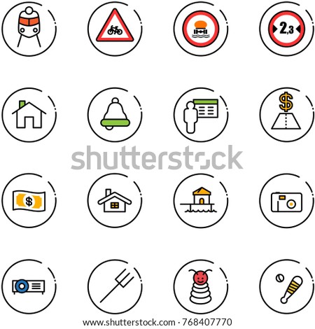 line vector icon set - train vector, road for moto sign, no dangerous cargo, limited width, home, bell, presentation, dollar, money, bungalow, photo, projector, farm fork, pyramid toy, baseball bat