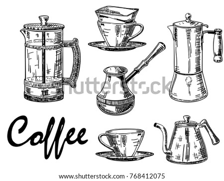 Hand drawn illustration of coffee mugs, coffee pots and coffee makers. Coffee vintage design elements for restaurant or cafe menu, poster, banner.