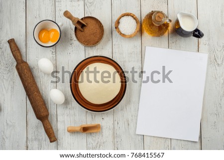 Dough preparation recipe bread, pizza, pasta or pie ingridients, food flat lay on kitchen table background. Text space