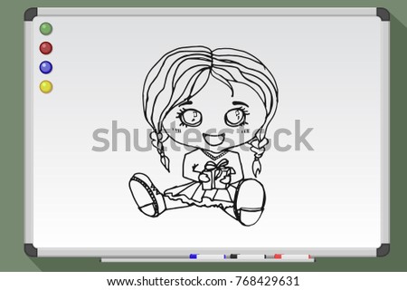 Little girl holding a box of present. hand drawn vector illustration