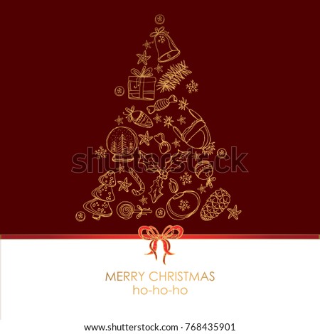 Golden Christmas and New Year card with Christmas tree. Vector hand drawn illustration