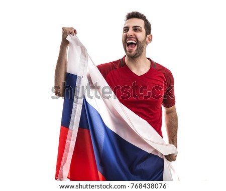 Russian fan celebrating on white background