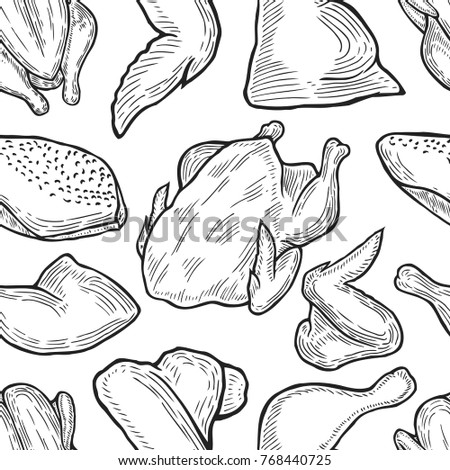 Hand drawn Chicken cuts, hen parts. Domestic bird meat vector background illustration. Engraving sketch style isolated. Traditional organic food.