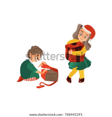 vector flat kids with presents. Young girl kid in red christmas hat standing holding big present box with , caucasian boy sitting opening present box. Isolated illustration on a white background.