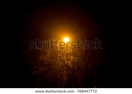 Scattered light from a street lamp at night during a thick fog