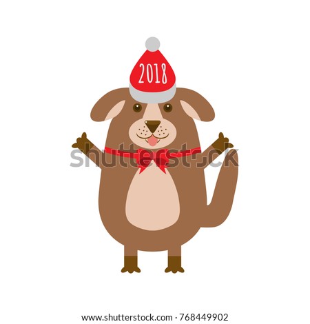 Cute brown dog in red hat isolated on a white background. Vector illustration of a funny puppy with bow. Design for 2018 Happy New Year and Merry Christmas greeting card.